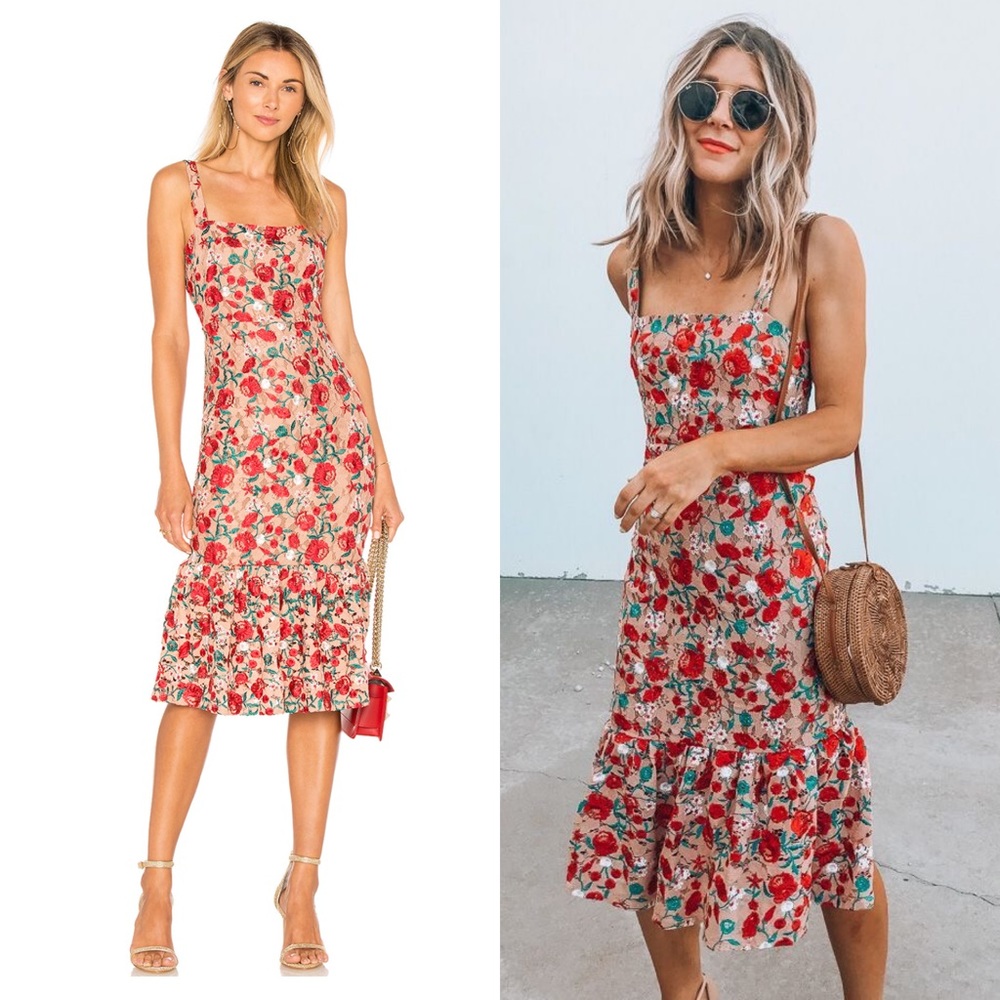 Lovers + Friends Floral Midi Dress - Red and Green